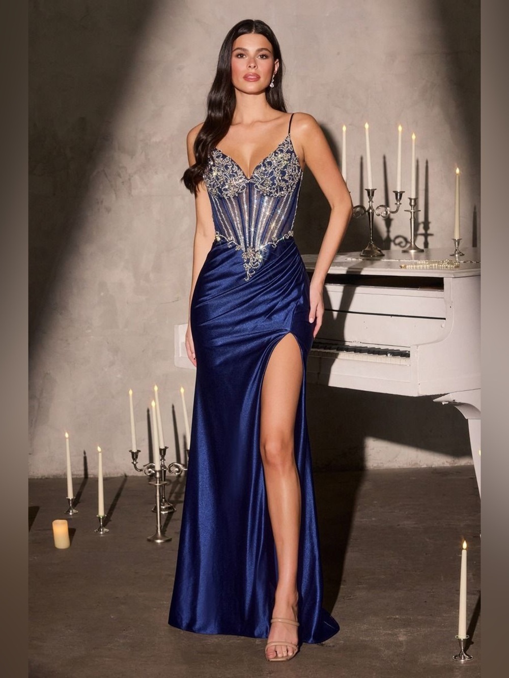Elegant Navy Blue Embellished Evening Gown